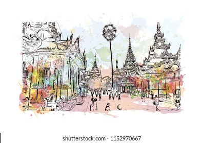 The Shwedagon Pagoda, officially named Shwedagon Zedi Daw and also known as the Great Dagon Pagoda is a gilded stupa located in Yangon, Myanmar. Watercolor splash with Hand drawn sketch in vector.