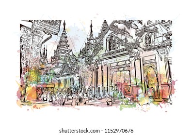 The Shwedagon Pagoda, officially named Shwedagon Zedi Daw and also known as the Great Dagon Pagoda is a gilded stupa located in Yangon, Myanmar. Watercolor splash with Hand drawn sketch in vector.