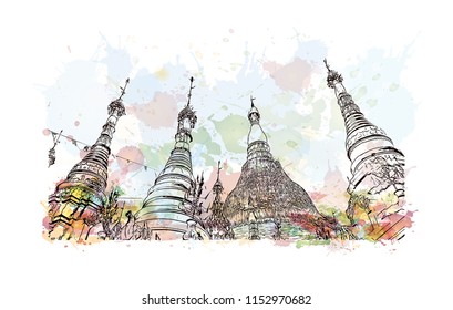 The Shwedagon Pagoda, officially named Shwedagon Zedi Daw and also known as the Great Dagon Pagoda is a gilded stupa located in Yangon, Myanmar. Watercolor splash with Hand drawn sketch in vector.