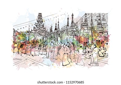 The Shwedagon Pagoda, officially named Shwedagon Zedi Daw and also known as the Great Dagon Pagoda is a gilded stupa located in Yangon, Myanmar. Watercolor splash with Hand drawn sketch in vector.