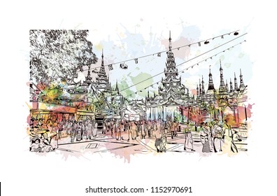 The Shwedagon Pagoda, officially named Shwedagon Zedi Daw and also known as the Great Dagon Pagoda is a gilded stupa located in Yangon, Myanmar. Watercolor splash with Hand drawn sketch in vector.