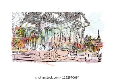 The Shwedagon Pagoda, officially named Shwedagon Zedi Daw and also known as the Great Dagon Pagoda is a gilded stupa located in Yangon, Myanmar. Watercolor splash with Hand drawn sketch in vector.