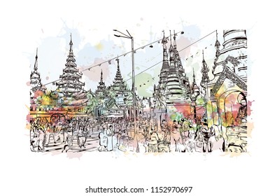 The Shwedagon Pagoda, officially named Shwedagon Zedi Daw and also known as the Great Dagon Pagoda is a gilded stupa located in Yangon, Myanmar. Watercolor splash with Hand drawn sketch in vector.