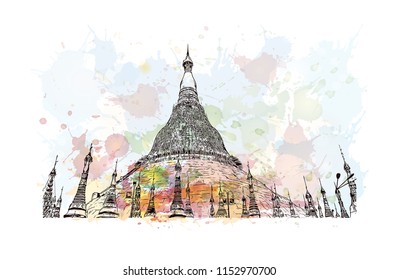 The Shwedagon Pagoda, officially named Shwedagon Zedi Daw and also known as the Great Dagon Pagoda is a gilded stupa located in Yangon, Myanmar. Watercolor splash with Hand drawn sketch in vector.