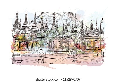 The Shwedagon Pagoda, officially named Shwedagon Zedi Daw and also known as the Great Dagon Pagoda is a gilded stupa located in Yangon, Myanmar. Watercolor splash with Hand drawn sketch in vector.