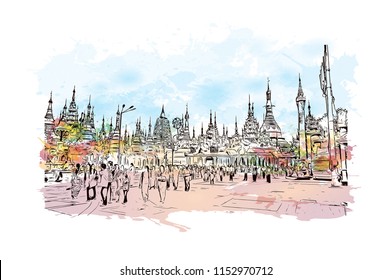 The Shwedagon Pagoda, officially named Shwedagon Zedi Daw and also known as the Great Dagon Pagoda is a gilded stupa located in Yangon, Myanmar. Watercolor splash with Hand drawn sketch in vector.