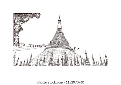 The Shwedagon Pagoda, officially named Shwedagon Zedi Daw and also known as the Great Dagon Pagoda and the Golden Pagoda, is a gilded stupa located in Yangon, Myanmar. Hand drawn sketch in vector.