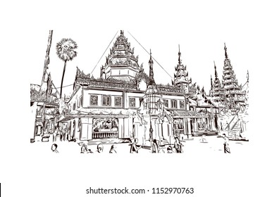 The Shwedagon Pagoda, officially named Shwedagon Zedi Daw and also known as the Great Dagon Pagoda and the Golden Pagoda, is a gilded stupa located in Yangon, Myanmar. Hand drawn sketch in vector.