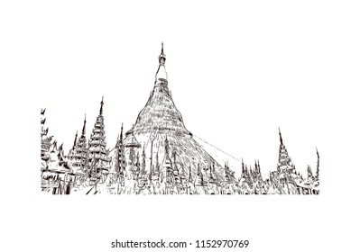 The Shwedagon Pagoda, officially named Shwedagon Zedi Daw and also known as the Great Dagon Pagoda and the Golden Pagoda, is a gilded stupa located in Yangon, Myanmar. Hand drawn sketch in vector.