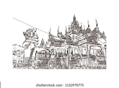 The Shwedagon Pagoda, officially named Shwedagon Zedi Daw and also known as the Great Dagon Pagoda and the Golden Pagoda, is a gilded stupa located in Yangon, Myanmar. Hand drawn sketch in vector.