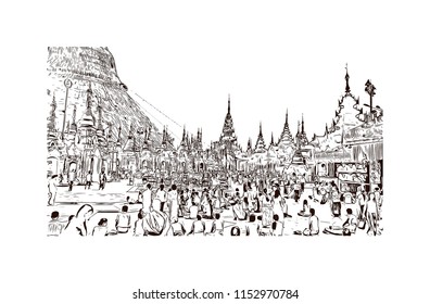 The Shwedagon Pagoda, officially named Shwedagon Zedi Daw and also known as the Great Dagon Pagoda and the Golden Pagoda, is a gilded stupa located in Yangon, Myanmar. Hand drawn sketch in vector.