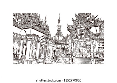 The Shwedagon Pagoda, officially named Shwedagon Zedi Daw and also known as the Great Dagon Pagoda and the Golden Pagoda, is a gilded stupa located in Yangon, Myanmar. Hand drawn sketch in vector.