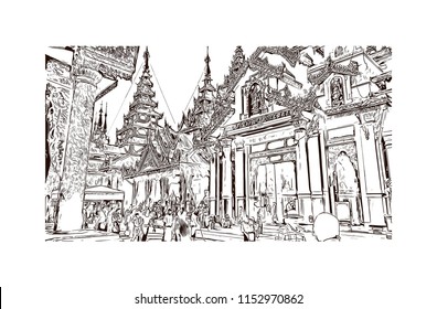 The Shwedagon Pagoda, officially named Shwedagon Zedi Daw and also known as the Great Dagon Pagoda and the Golden Pagoda, is a gilded stupa located in Yangon, Myanmar. Hand drawn sketch in vector.