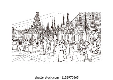 The Shwedagon Pagoda, officially named Shwedagon Zedi Daw and also known as the Great Dagon Pagoda and the Golden Pagoda, is a gilded stupa located in Yangon, Myanmar. Hand drawn sketch in vector.