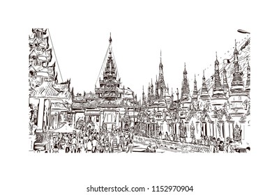 The Shwedagon Pagoda, officially named Shwedagon Zedi Daw and also known as the Great Dagon Pagoda and the Golden Pagoda, is a gilded stupa located in Yangon, Myanmar. Hand drawn sketch in vector.