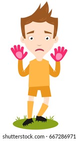 Shy and anxious looking caucasian cartoon goalkeeper wearing yellow shirt and shorts moving backwards isolated on white background