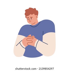Shy ashamed person feeling guilty, sorry. Embarrassed confused man regretting. Sense of guilt, psychology concept. Regretful face expression. Flat vector illustration isolated on white background