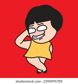 Shy Asian Girl Looking To Her Side With Awkward Gesture Concept Card Character illustration
