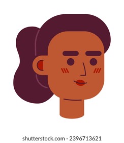 Shy attractive female african american 2D vector avatar illustration. Beautiful woman black cartoon character face portrait. Ponytail lady flat color user profile image isolated on white background