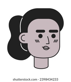 Shy attractive female african american black and white 2D vector avatar illustration. Beautiful woman black outline cartoon character face isolated. Ponytail lady flat user profile image, portrait