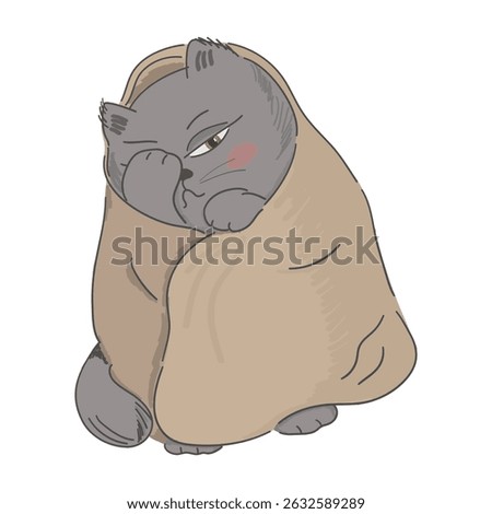 Shy Bashful Grey Cat Wrapped in Blanket. Cute Cartoon Illustration