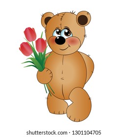 shy bear holds flowers in hand on white background