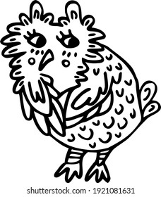 Shy big-eyed owl covers its tummy with its wings. Cute forest bird. Clipart in the themes of animals and wildlife. Hand-drawn doodle. Cartoon vector illustration for kids. Picture for prints and books