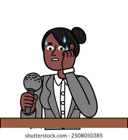 shy black businesswoman holding microphone showing fear