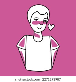 Shy boy with emotion of love, pink and white. Beloved teenager half body drawing, sweetheart tender mood male teenager, amour affection schoolboy flirting. Line with spots sketched style.