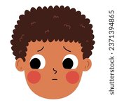 Shy boy face. Embarrassed kid emotion. Close up portrait of confused character. Vector illustration