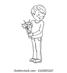 Shy boy with flowers outline. A stylized character for coloring .