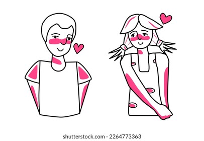 Shy boy and girl with emotion of love. Beloved teenagers half body drawing, sweetheart tender mood of adolescents, amour affection flirting. Line art with pink spots style.