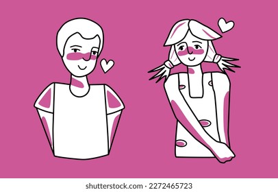 Shy boy and girl with emotion of love, pink and white. Beloved teenagers half body drawing, sweetheart tender mood of adolescents, amour affection flirting.