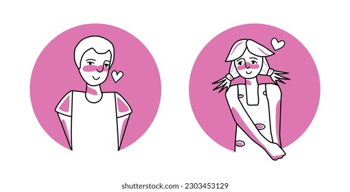 Shy boy and girl with emotion of love circle icon, facial expression with gestures. Beloved teenagers, expressing their amorous feelings. Pink vector illustration.