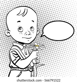 Shy boy gives flower. Giving Flower Boy. Young man holding flower. Shy Cartoon Boy.  Cute Little Shy Boy. Concept idea of advertisement and promo. Halftone background. 
