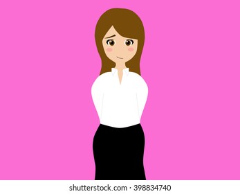 A shy brunette woman smiling to the camera