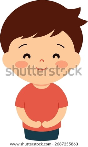 A shy cartoon boy with rosy cheeks and a gentle smile, conveying embarrassment and bashfulness in a simple, expressive illustration.