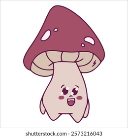 A shy cartoon mushroom with a drooping posture, red cap with white dots, and soft blushing cheeks. Whimsical and charming