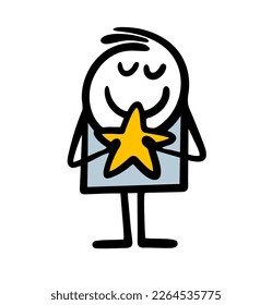 Shy cartoon stick figure boy holds big yellow star from outer space. Vector illustration print dor postcards and posters.