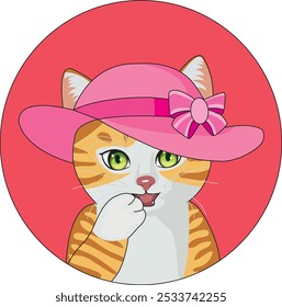 Tímido felino gato com chapéu rosa logotipo adesivo vetor