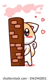 A shy cat hiding behind a wall with love cartoon illustration