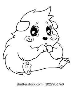 Shy cavy with rosy cheeks sitting with paws together - embarrassment emoji.  Cartoon guinea pig, line drawing, Hesitate emoticon,  isolated on transparent background