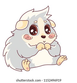 Shy cavy with rosy cheeks sitting with paws together - embarrassment emoji. Cartoon guinea pig, color drawing, Hesitate emoticon,  isolated on transparent background 