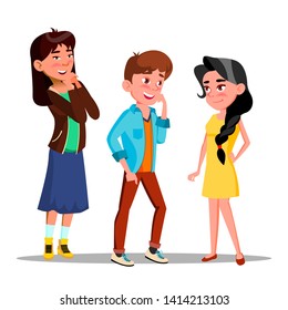 Shy Characters Young Boy And Girl Smiling Vector. Drawing Shy Amused Laughing Teenager And Woman With Embarrassed Expression And Hands On Face. Blushing People Flat Cartoon Illustration