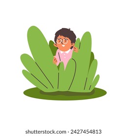 Shy child boy in round glasses hiding in bush flat style, vector illustration isolated on white background. Decorative design element, unsure child peeks out from leaves