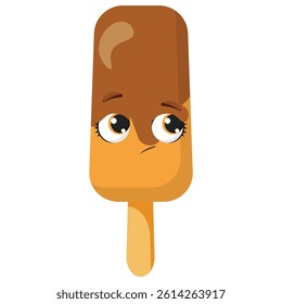 Shy chocolate popsicle with soft smile and big glossy eyes, isolated on white background, perfect for emotional character sets, kids food designs and summer illustrations