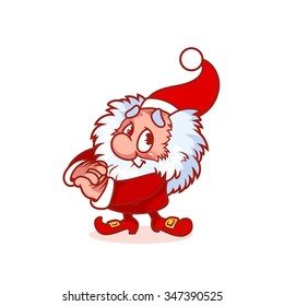 Shy Christmas gnome in red costume hesitates and blushes. Santa's helper celebrating Christmas. Dwarf with a white shaggy hair and beard. Funny cartoon character on a white background.
