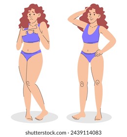 Shy and confident woman in swimwear vector isolated. Illustration of a woman in two different positions. Smiling female character.