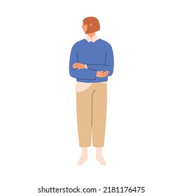 Shy confused person standing in closed posture. Embarrassed tensed sad woman with arms crossed. Psychological tension and ignorance. Flat graphic vector illustration isolated on white background