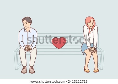 Shy couple on first date, sitting on park bench and feeling awkward due to lack common interests. Quarreling shy husband and wife look in different directions, embarrassed to apologize or confess love